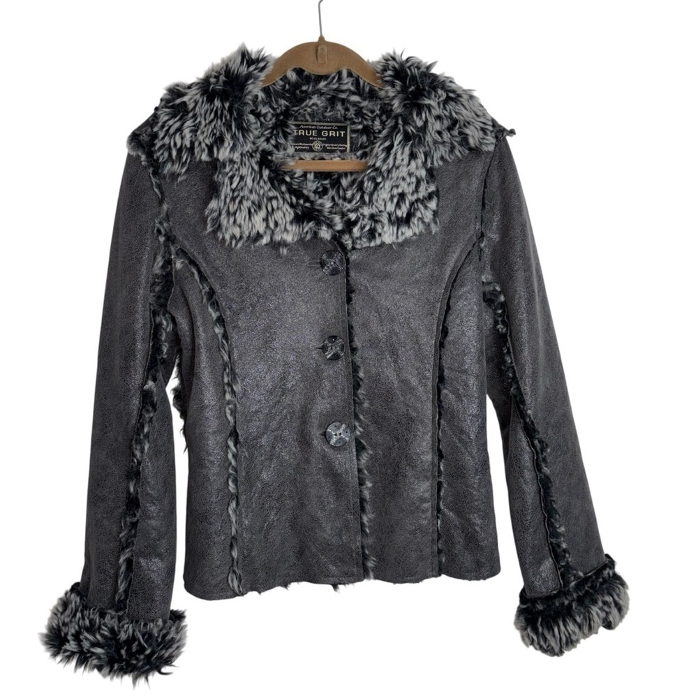 True Grit Charcoal Faux Fur Teddy Jacket S/M Button Up